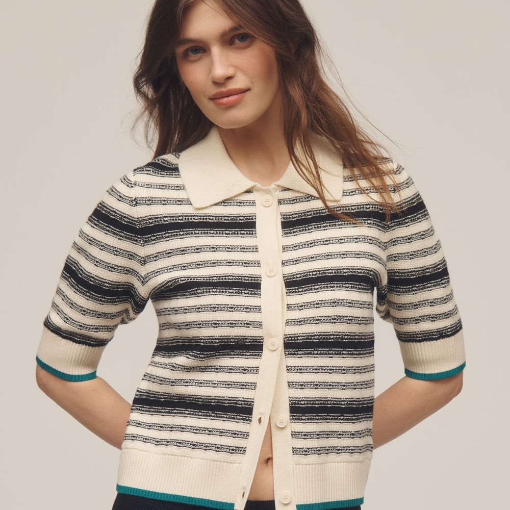 Maeve Black and White Cardigan with Striped Pattern